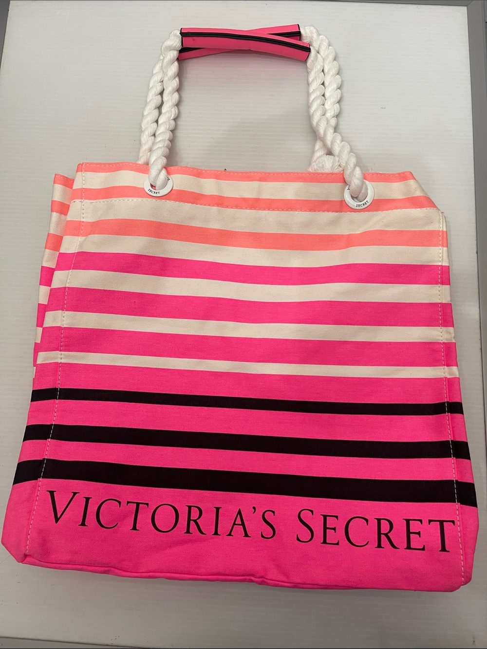 Victoria's Secret Pink and Black Striped Beach Day Large Tote Bag Women’s